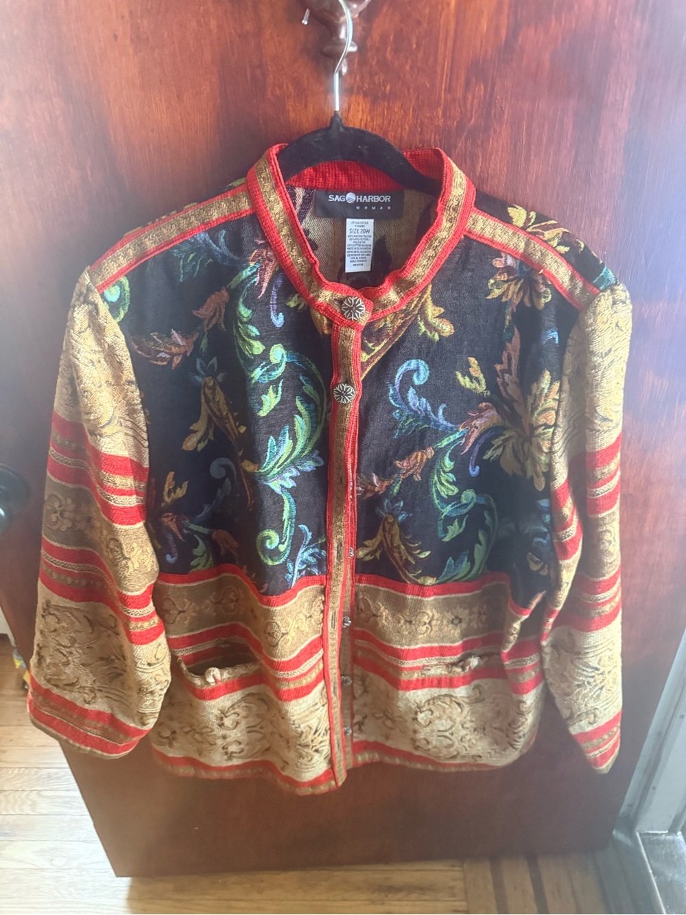 Sag Harbor Black Tapestry Jacket with Gold and Red Trim